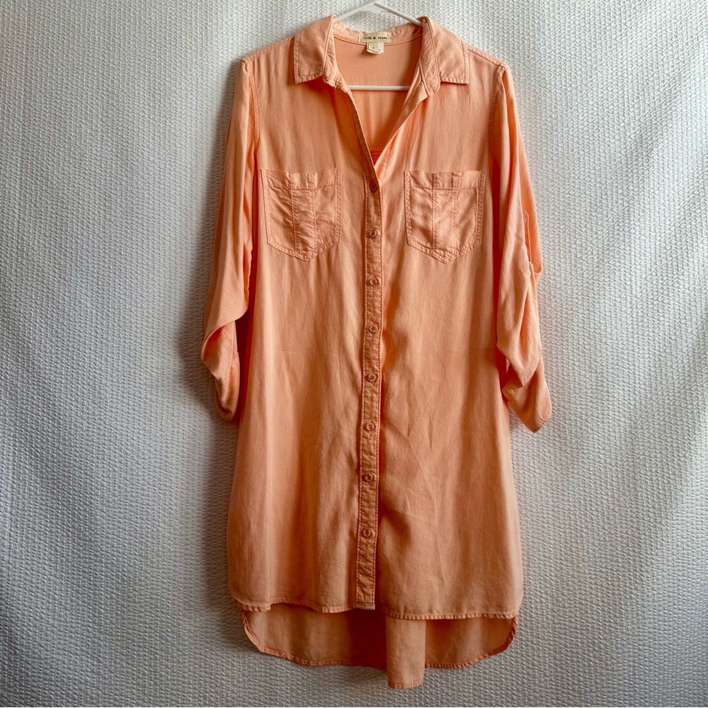 Cloth & Stone Coral Tencel Shirt Dress Small Button Front Roll Tab Sleeve